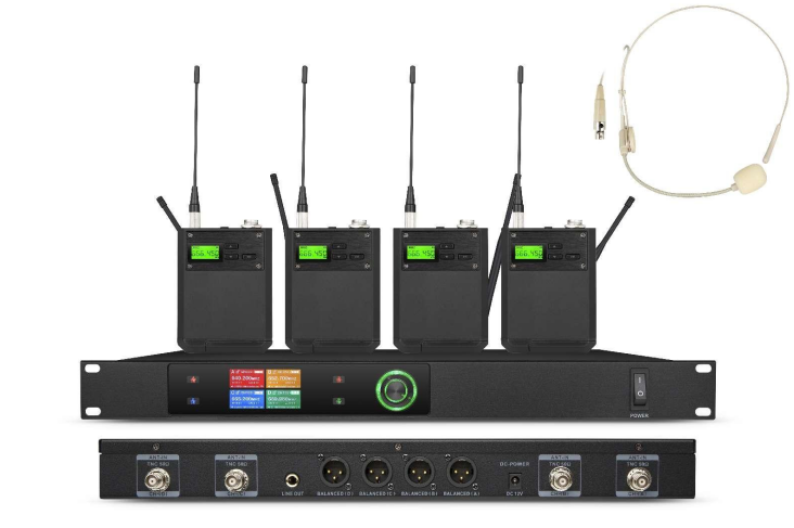 	卡达斯 COUDUS，Tekong premium color display 4-in-1 bodypack wireless microphone system with 2.68-inch TFT receiver and four bodypack transmitters