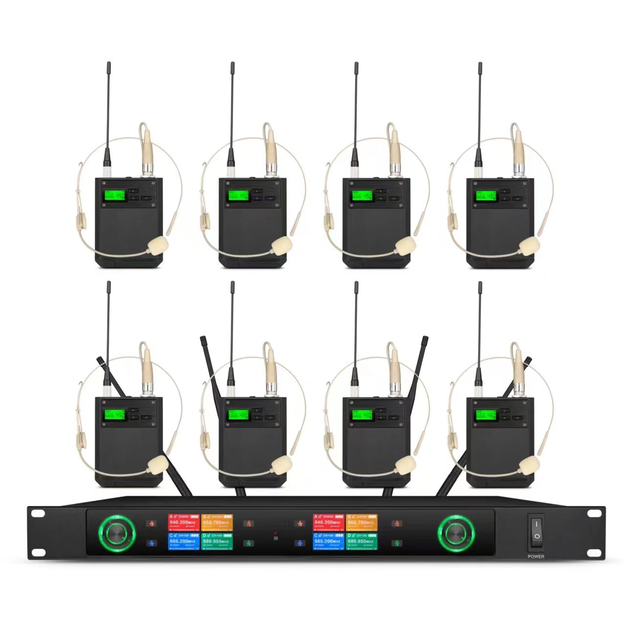 Tekong premium color display 8-in-1 bodypack wireless microphone system with 2.68-inch TFT receiver and eight bodypack transmitters