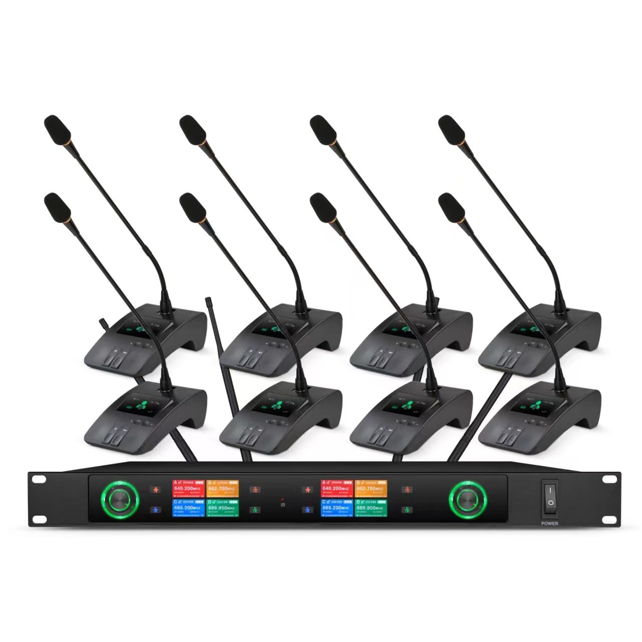  COUDUS Tekong premium color display 8-in-1 conference microphone system with 2.68-inch TFT receiver and eight desktop conference units