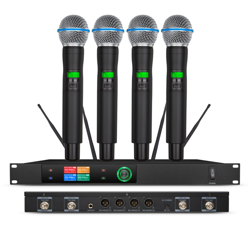 Tekong premium color display 4-in-1 handheld wireless microphone system with 2.68-inch TFT receiver and four handheld transmitters