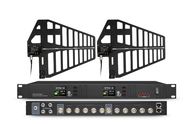 Tekong 10+2-channel wideband antenna signal distributor with antenna panels and booster, 2-inch TFT display, 8 BNC outputs